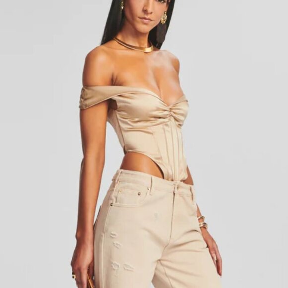 Retrofete Rozik Silk Off Shoulder Bodysuit Nude M - Picture 3 of 8